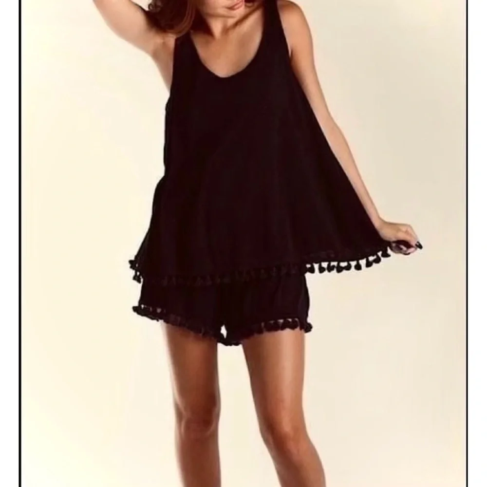 MICHAEL STARS | S / M | Pom Pom Fringe Navy Tank Top Rayon Beach Shorts Romper